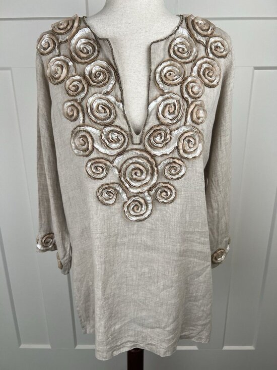 Key Lime & Pink Tops - Key Lime & Pink Linen Tunic M Embellished Rosette Beaded Boho Top 3/4 Sleeve
